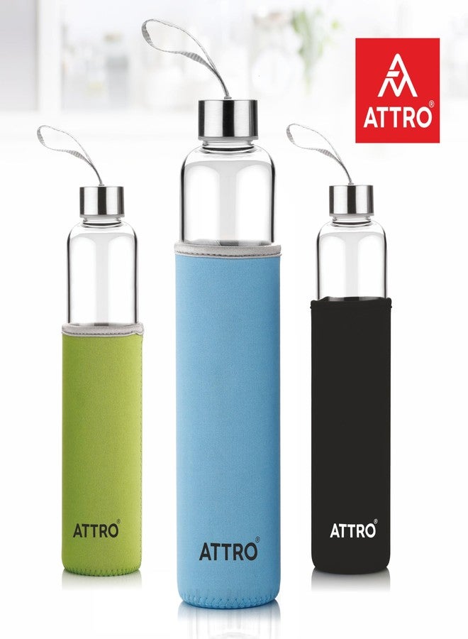 ATTRO Glassox Aqura High Borosilicate Glass Water Bottle with Sleeve & Stainless Steel Lid - Leakproof & Durable - Ideal for Office, Travel, and Daily Use Color- Blue - 750ml - Image 3